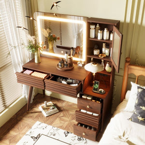 English Elm 45.9 Inch Mid-Century Bedroom Vanity with LED Mirror Fluted Glass Cabinet and Charging Station Espresso N704P472221P