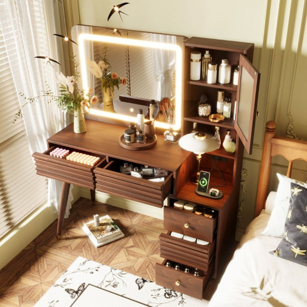 English Elm 45.9 Inch Mid-Century Bedroom Vanity with LED Mirror Fluted Glass Cabinet and Charging Station Espresso N704P472221P