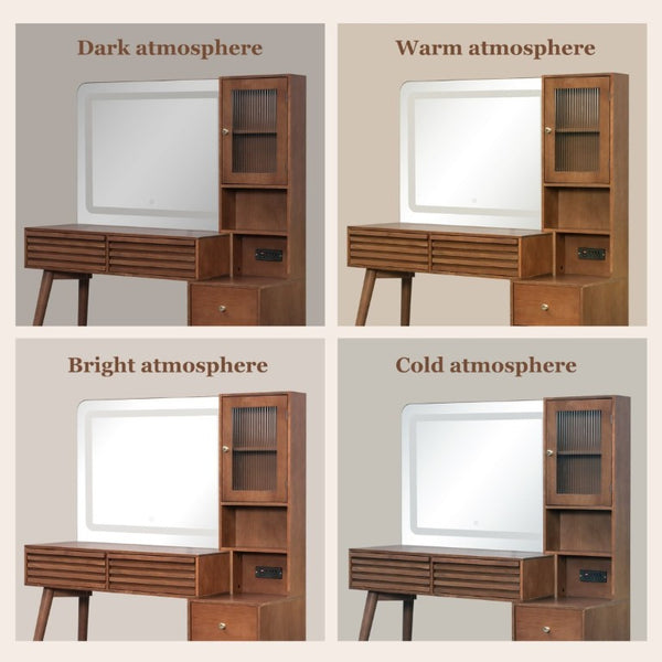 English Elm 45.9 Inch Mid-Century Bedroom Vanity with LED Mirror Fluted Glass Cabinet and Charging Station Espresso N704P472221P