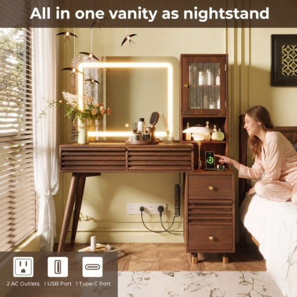 English Elm 45.9 Inch Mid-Century Bedroom Vanity with LED Mirror Fluted Glass Cabinet and Charging Station Espresso N704P472221P