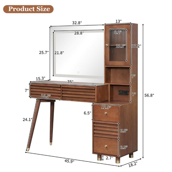 English Elm 45.9 Inch Mid-Century Bedroom Vanity with LED Mirror Fluted Glass Cabinet and Charging Station Espresso N704P472221P