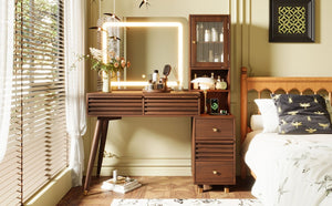 English Elm 45.9 Inch Mid-Century Bedroom Vanity with LED Mirror Fluted Glass Cabinet and Charging Station Espresso N704P472221P
