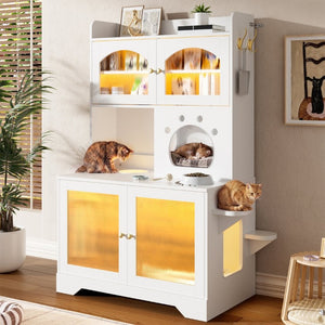 English Elm 73.23 Farmhouse Cat Litter Enclosure Cabinet with LED Lights and Sisal Scratching Post White 39.4 L x 19.6 W x 54.8 H N704P490436K