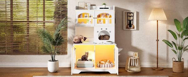 English Elm 73.23 Farmhouse Cat Litter Enclosure Cabinet with LED Lights and Sisal Scratching Post White 39.4 L x 19.6 W x 54.8 H N704P490436K