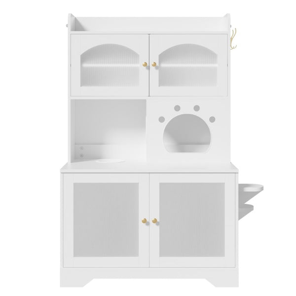 English Elm 73.23 Farmhouse Cat Litter Enclosure Cabinet with LED Lights and Sisal Scratching Post White 39.4 L x 19.6 W x 54.8 H N704P490436K