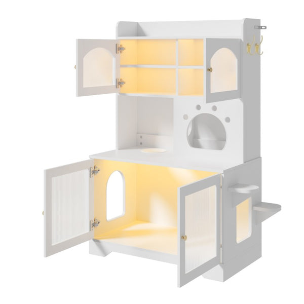 English Elm 73.23 Farmhouse Cat Litter Enclosure Cabinet with LED Lights and Sisal Scratching Post White 39.4 L x 19.6 W x 54.8 H N704P490436K