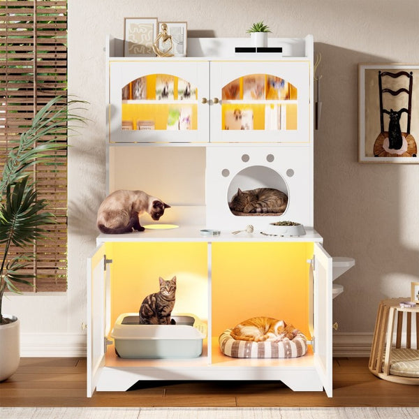 English Elm 73.23 Farmhouse Cat Litter Enclosure Cabinet with LED Lights and Sisal Scratching Post White 39.4 L x 19.6 W x 54.8 H N704P490436K