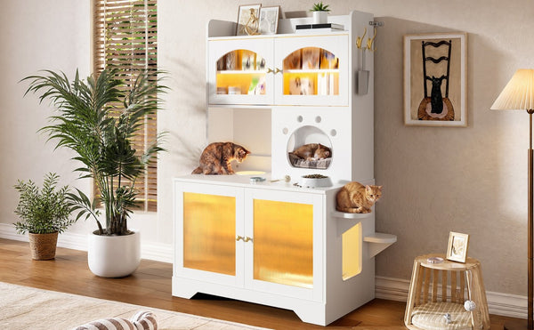 English Elm 73.23 Farmhouse Cat Litter Enclosure Cabinet with LED Lights and Sisal Scratching Post White 39.4 L x 19.6 W x 54.8 H N704P490436K