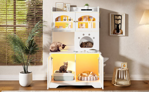 English Elm 73.23 Farmhouse Cat Litter Enclosure Cabinet with LED Lights and Sisal Scratching Post White 39.4 L x 19.6 W x 54.8 H N704P490436K