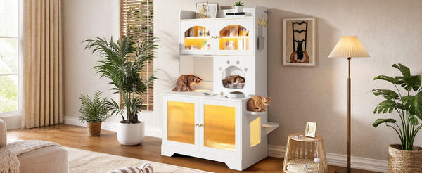 English Elm 73.23 Farmhouse Cat Litter Enclosure Cabinet with LED Lights and Sisal Scratching Post White 39.4 L x 19.6 W x 54.8 H N704P490436K