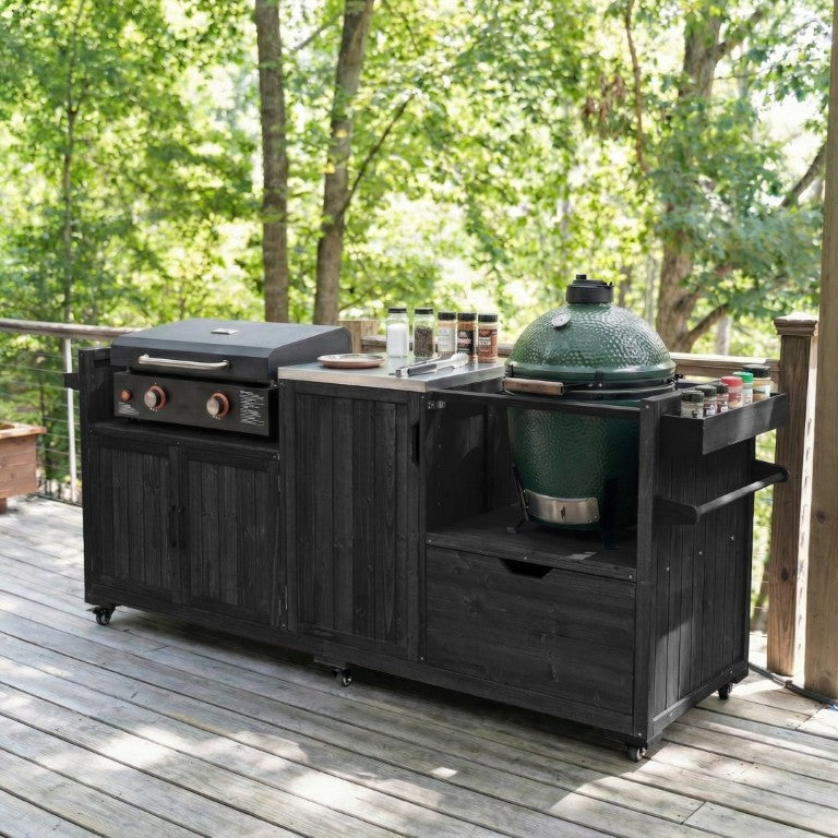 English Elm K&k 80 Inch Outdoor Grill Cart Solid Fir Wood Stainless Steel Top Kamado Griddle Station N707P392140B
