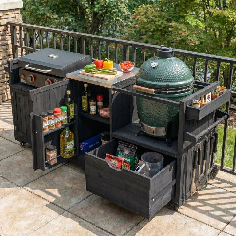 English Elm K&k 80 Inch Outdoor Grill Cart Solid Fir Wood Stainless Steel Top Kamado Griddle Station N707P392140B
