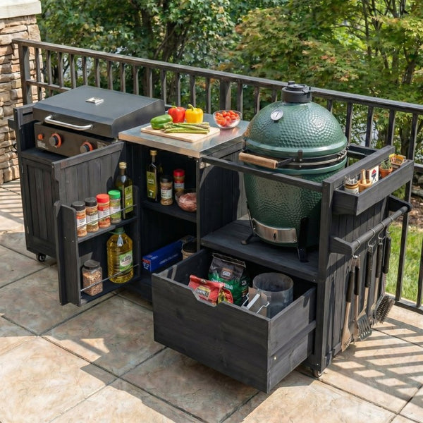 English Elm K&k 80 Inch Outdoor Grill Cart Solid Fir Wood Stainless Steel Top Kamado Griddle Station N707P392140B
