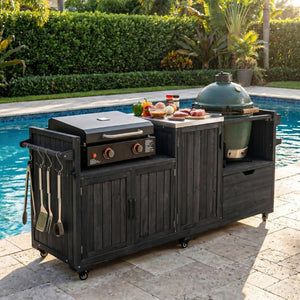 English Elm K&k 80 Inch Outdoor Grill Cart Solid Fir Wood Stainless Steel Top Kamado Griddle Station N707P392140B