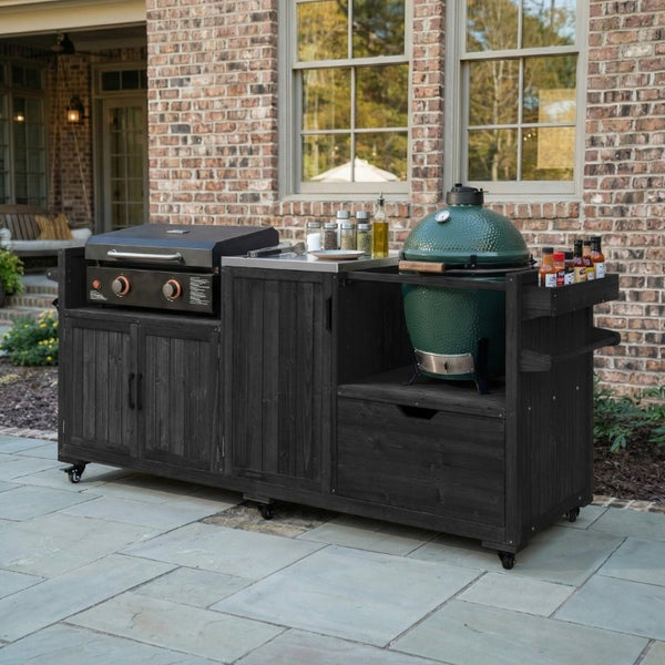 English Elm K&k 80 Inch Outdoor Grill Cart Solid Fir Wood Stainless Steel Top Kamado Griddle Station N707P392140B