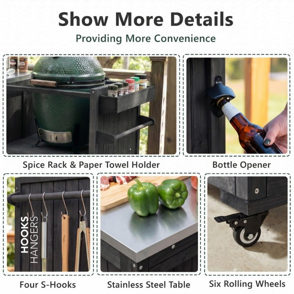 English Elm K&k 80 Inch Outdoor Grill Cart Solid Fir Wood Stainless Steel Top Kamado Griddle Station N707P392140B