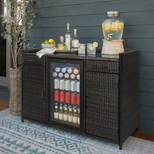 English Elm K&k Outdoor PE Rattan Bar Cabinet with Fridge Cavity Wine Racks and Tempered Glass Top Black+Brown N707P414764D