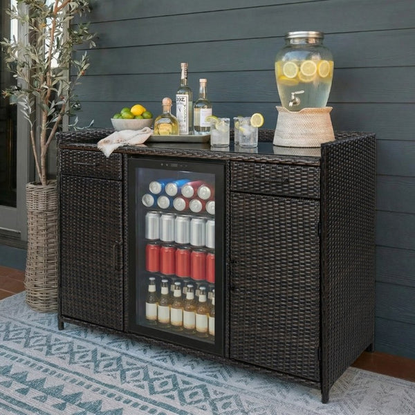 English Elm K&k Outdoor PE Rattan Bar Cabinet with Fridge Cavity Wine Racks and Tempered Glass Top Black+Brown N707P414764D