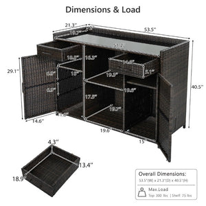 English Elm K&k Outdoor PE Rattan Bar Cabinet with Fridge Cavity Wine Racks and Tempered Glass Top Black+Brown N707P414764D