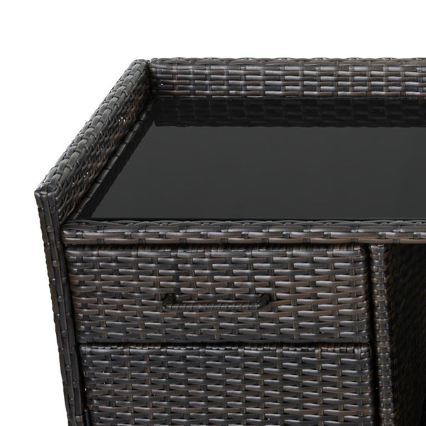 English Elm K&k Outdoor PE Rattan Bar Cabinet with Fridge Cavity Wine Racks and Tempered Glass Top Black+Brown N707P414764D