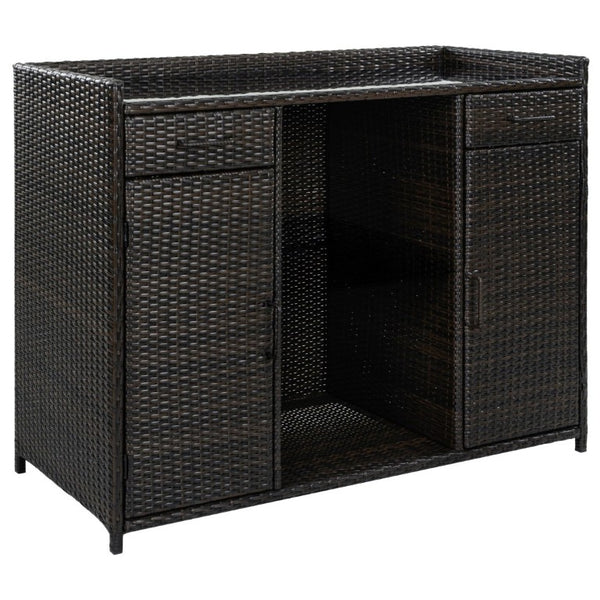 English Elm K&k Outdoor PE Rattan Bar Cabinet with Fridge Cavity Wine Racks and Tempered Glass Top Black+Brown N707P414764D