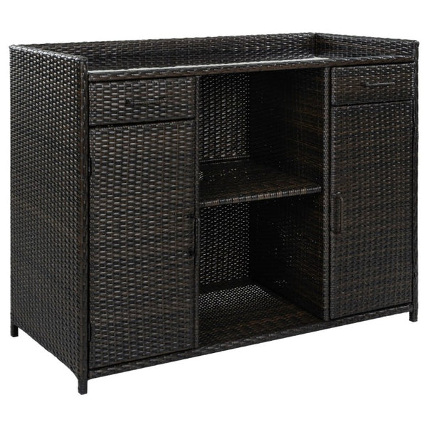 English Elm K&k Outdoor PE Rattan Bar Cabinet with Fridge Cavity Wine Racks and Tempered Glass Top Black+Brown N707P414764D