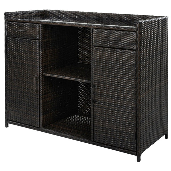 English Elm K&k Outdoor PE Rattan Bar Cabinet with Fridge Cavity Wine Racks and Tempered Glass Top Black+Brown N707P414764D