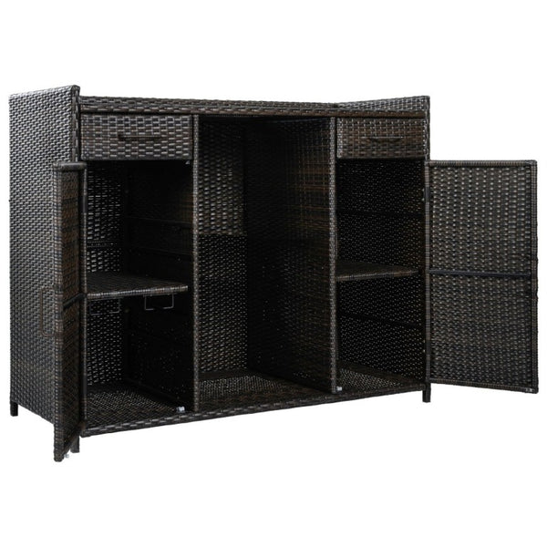 English Elm K&k Outdoor PE Rattan Bar Cabinet with Fridge Cavity Wine Racks and Tempered Glass Top Black+Brown N707P414764D