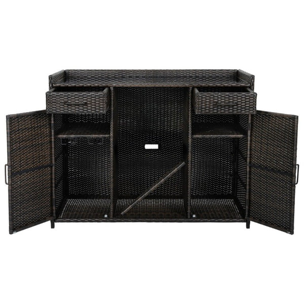 English Elm K&k Outdoor PE Rattan Bar Cabinet with Fridge Cavity Wine Racks and Tempered Glass Top Black+Brown N707P414764D