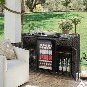 English Elm K&k Outdoor PE Rattan Bar Cabinet with Fridge Cavity Wine Racks and Tempered Glass Top Black+Brown N707P414764D