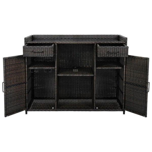 English Elm K&k Outdoor PE Rattan Bar Cabinet with Fridge Cavity Wine Racks and Tempered Glass Top Black+Brown N707P414764D