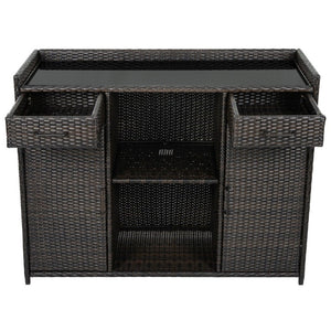 English Elm K&k Outdoor PE Rattan Bar Cabinet with Fridge Cavity Wine Racks and Tempered Glass Top Black+Brown N707P414764D