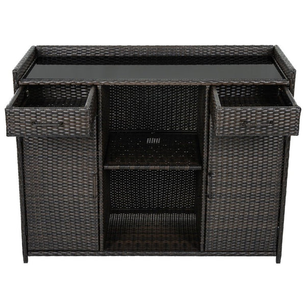 English Elm K&k Outdoor PE Rattan Bar Cabinet with Fridge Cavity Wine Racks and Tempered Glass Top Black+Brown N707P414764D