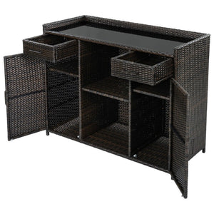 English Elm K&k Outdoor PE Rattan Bar Cabinet with Fridge Cavity Wine Racks and Tempered Glass Top Black+Brown N707P414764D