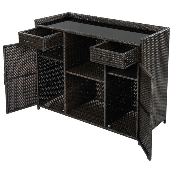 English Elm K&k Outdoor PE Rattan Bar Cabinet with Fridge Cavity Wine Racks and Tempered Glass Top Black+Brown N707P414764D