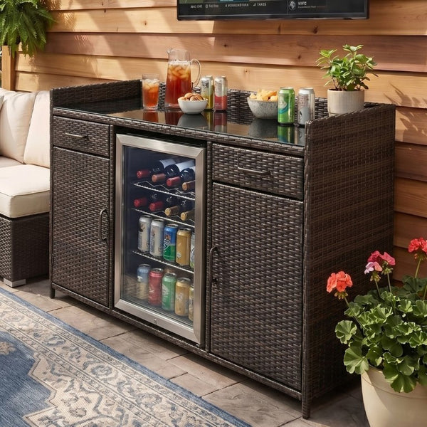 English Elm K&k Outdoor PE Rattan Bar Cabinet with Fridge Cavity Wine Racks and Tempered Glass Top Black+Brown N707P414764D