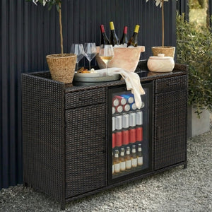 English Elm K&k Outdoor PE Rattan Bar Cabinet with Fridge Cavity Wine Racks and Tempered Glass Top Black+Brown N707P414764D