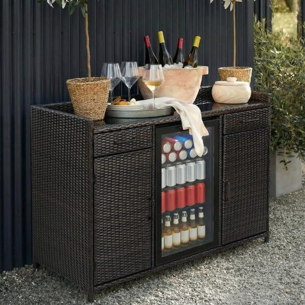 English Elm K&k Outdoor PE Rattan Bar Cabinet with Fridge Cavity Wine Racks and Tempered Glass Top Black+Brown N707P414764D