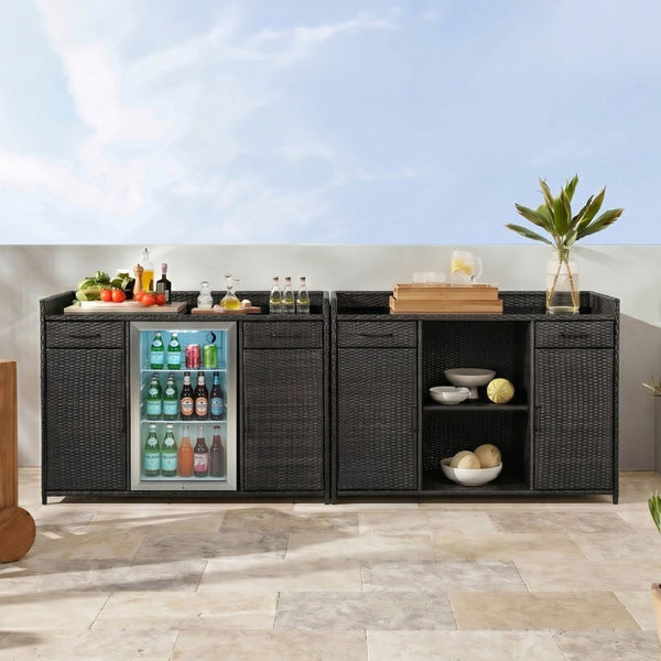 English Elm K&k Outdoor PE Rattan Bar Cabinet with Fridge Cavity Wine Racks and Tempered Glass Top Black+Brown N707P414764D
