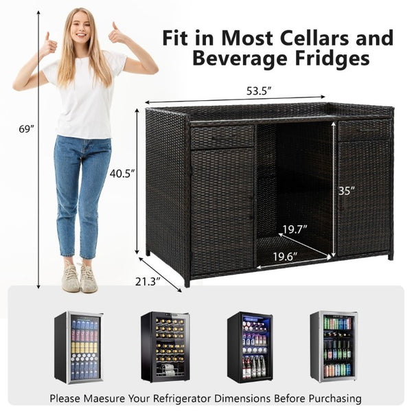 English Elm K&k Outdoor PE Rattan Bar Cabinet with Fridge Cavity Wine Racks and Tempered Glass Top Black+Brown N707P414764D