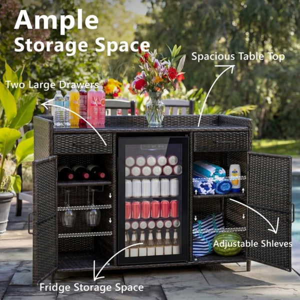 English Elm K&k Outdoor PE Rattan Bar Cabinet with Fridge Cavity Wine Racks and Tempered Glass Top Black+Brown N707P414764D