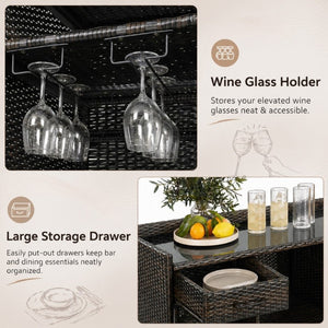 English Elm K&k Outdoor PE Rattan Bar Cabinet with Fridge Cavity Wine Racks and Tempered Glass Top Black+Brown N707P414764D