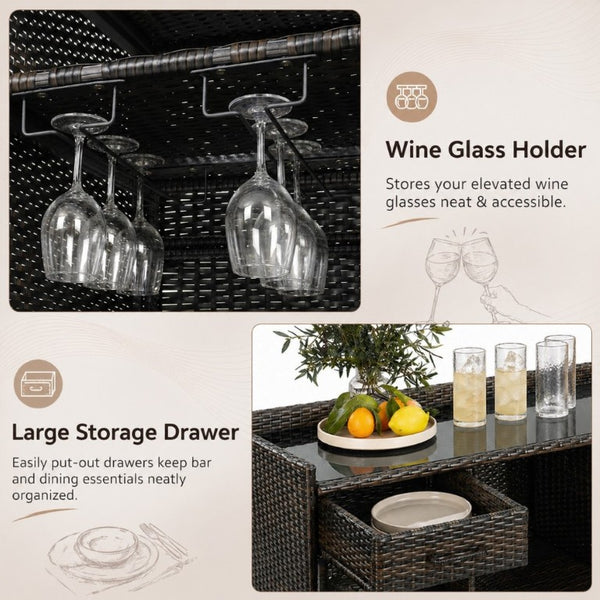 English Elm K&k Outdoor PE Rattan Bar Cabinet with Fridge Cavity Wine Racks and Tempered Glass Top Black+Brown N707P414764D