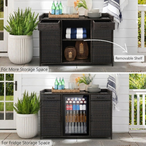 English Elm K&k Outdoor PE Rattan Bar Cabinet with Fridge Cavity Wine Racks and Tempered Glass Top Black+Brown N707P414764D