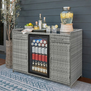 English Elm K&k Outdoor PE Rattan Bar Cabinet with Fridge Cavity Wine Racks and Tempered Glass Top Grey N707P414764G