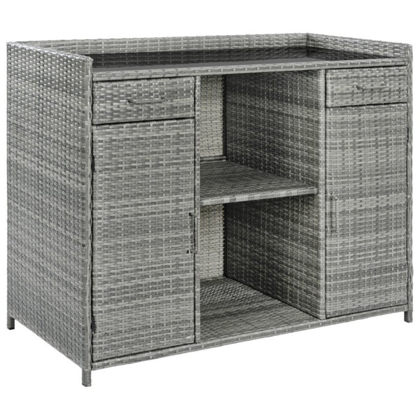 English Elm K&k Outdoor PE Rattan Bar Cabinet with Fridge Cavity Wine Racks and Tempered Glass Top Grey N707P414764G
