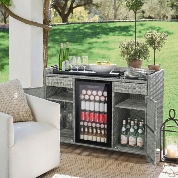 English Elm K&k Outdoor PE Rattan Bar Cabinet with Fridge Cavity Wine Racks and Tempered Glass Top Grey N707P414764G
