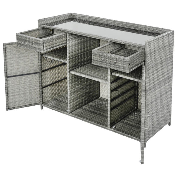 English Elm K&k Outdoor PE Rattan Bar Cabinet with Fridge Cavity Wine Racks and Tempered Glass Top Grey N707P414764G