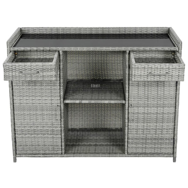 English Elm K&k Outdoor PE Rattan Bar Cabinet with Fridge Cavity Wine Racks and Tempered Glass Top Grey N707P414764G