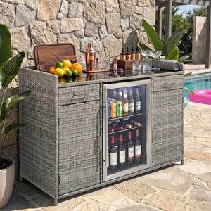 English Elm K&k Outdoor PE Rattan Bar Cabinet with Fridge Cavity Wine Racks and Tempered Glass Top Grey N707P414764G